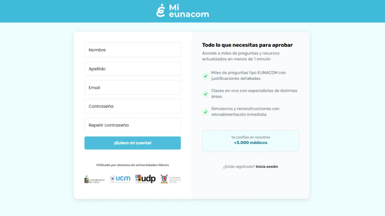 Pantalla de registro de Mi Eunacom